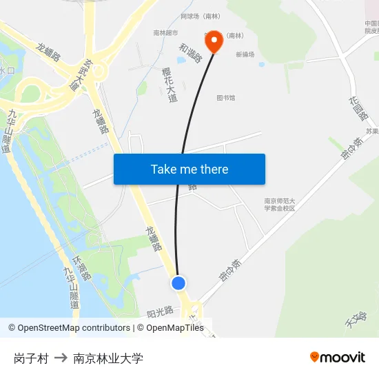 岗子村 to 南京林业大学 map