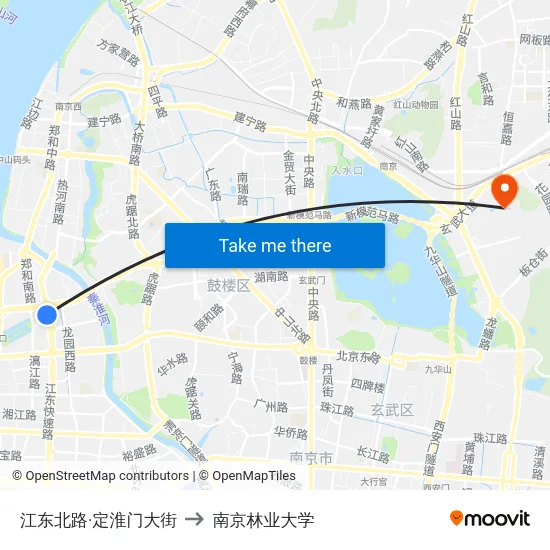 江东北路·定淮门大街 to 南京林业大学 map