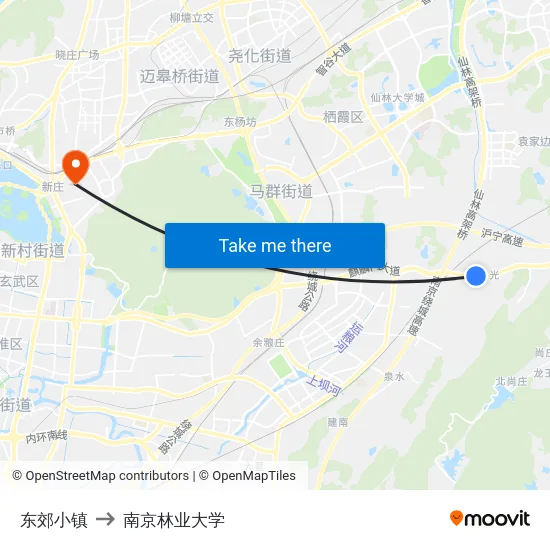 东郊小镇 to 南京林业大学 map