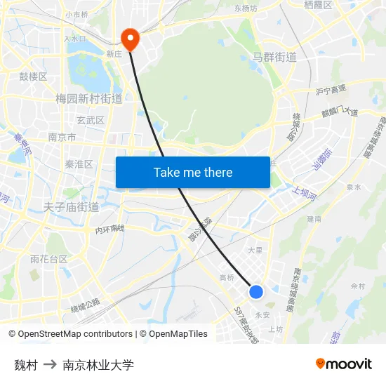 魏村 to 南京林业大学 map