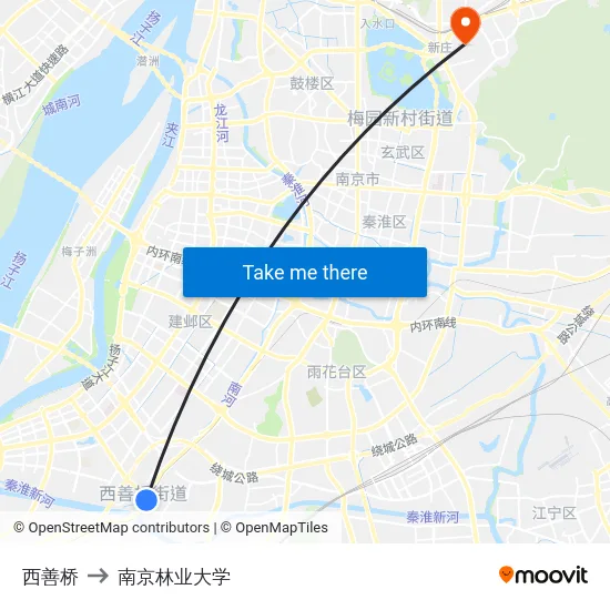 西善桥 to 南京林业大学 map