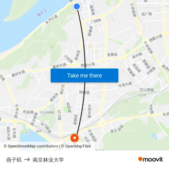 燕子矶 to 南京林业大学 map