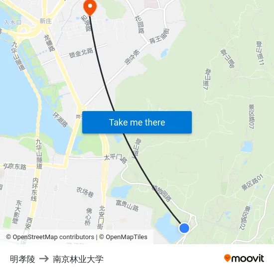 明孝陵 to 南京林业大学 map
