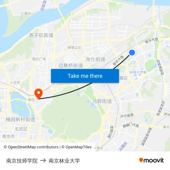 南京技师学院 to 南京林业大学 map
