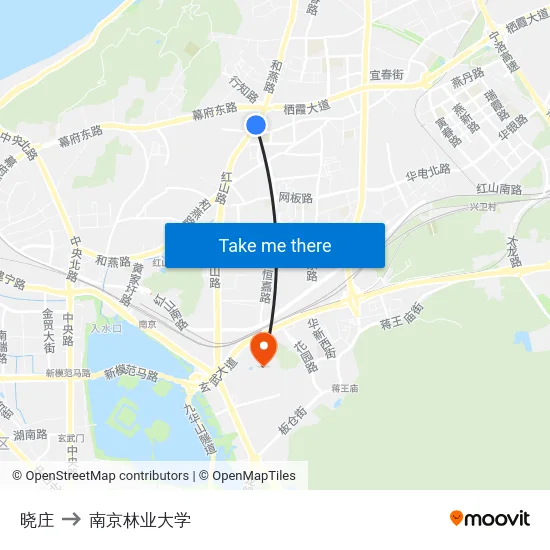 晓庄 to 南京林业大学 map