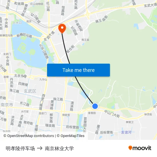 明孝陵停车场 to 南京林业大学 map