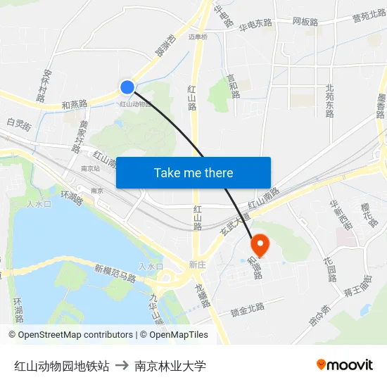 红山动物园地铁站 to 南京林业大学 map