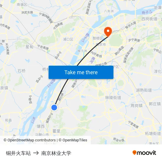 铜井火车站 to 南京林业大学 map