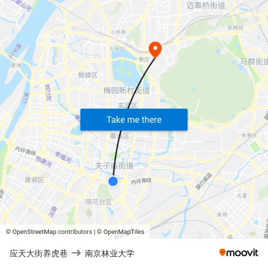 应天大街养虎巷 to 南京林业大学 map