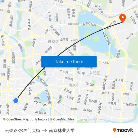 云锦路·水西门大街 to 南京林业大学 map