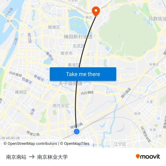 南京南站 to 南京林业大学 map