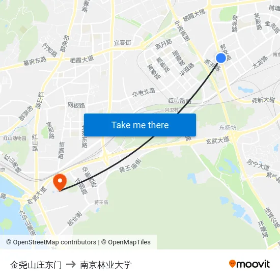 金尧山庄东门 to 南京林业大学 map