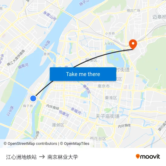 江心洲地铁站 to 南京林业大学 map