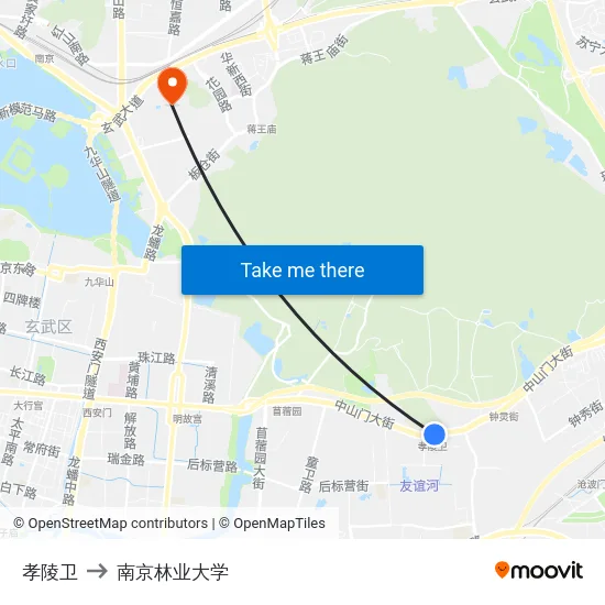 孝陵卫 to 南京林业大学 map