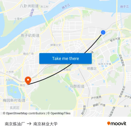 南京炼油厂 to 南京林业大学 map