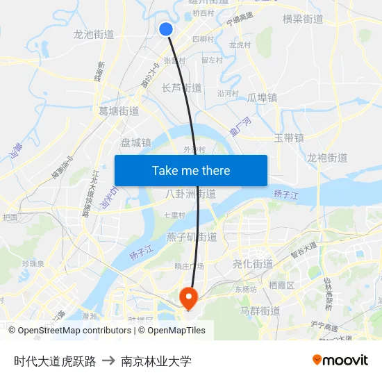 时代大道虎跃路 to 南京林业大学 map
