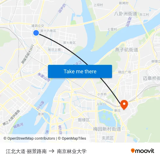 江北大道·丽景路南 to 南京林业大学 map