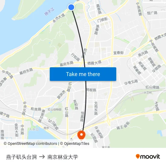 燕子矶头台洞 to 南京林业大学 map