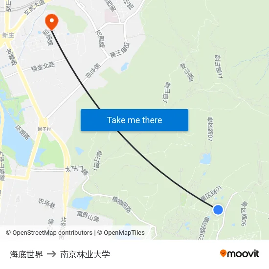 海底世界 to 南京林业大学 map