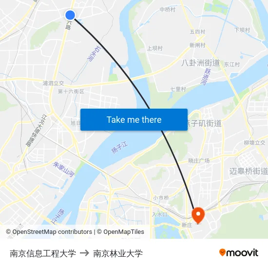 南京信息工程大学 to 南京林业大学 map