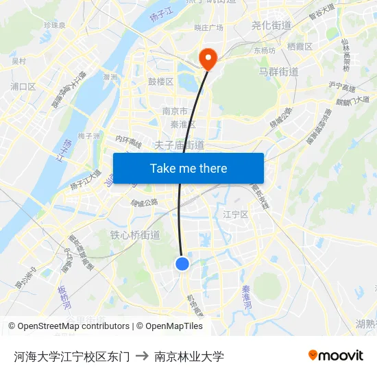 河海大学江宁校区东门 to 南京林业大学 map