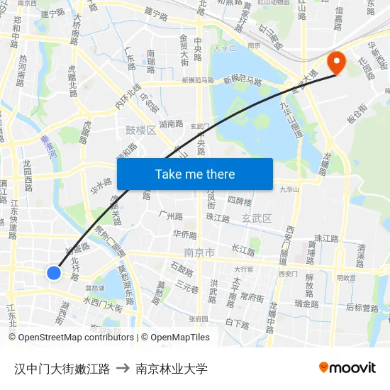 汉中门大街嫩江路 to 南京林业大学 map