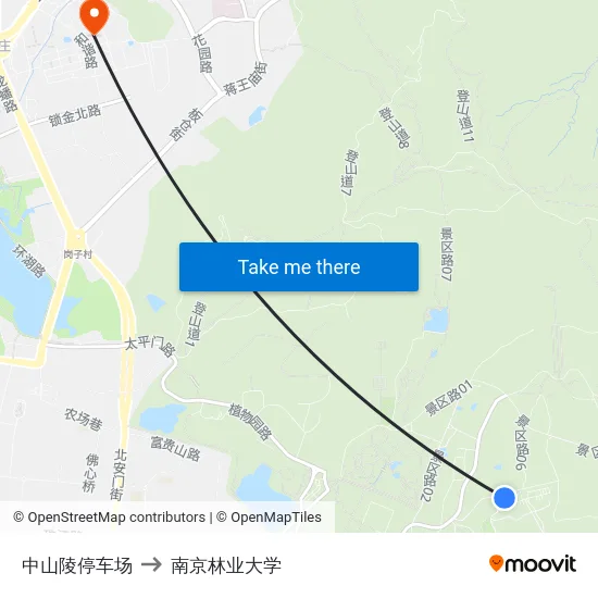 中山陵停车场 to 南京林业大学 map