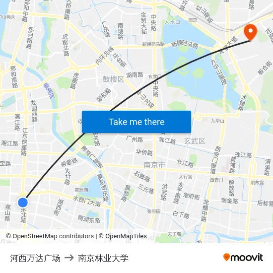 河西万达广场 to 南京林业大学 map