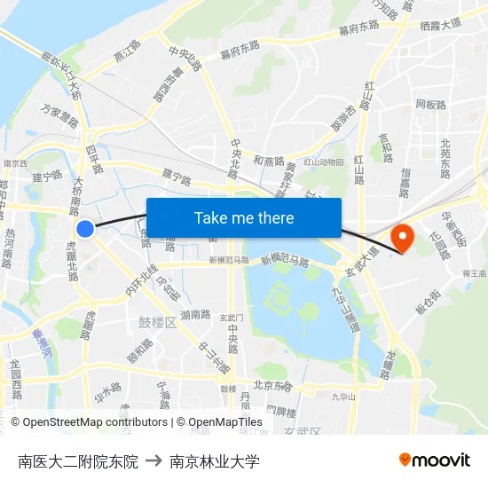南医大二附院东院 to 南京林业大学 map