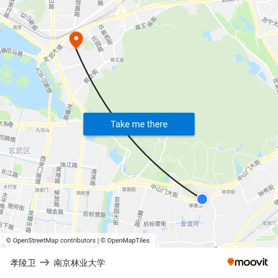 孝陵卫 to 南京林业大学 map