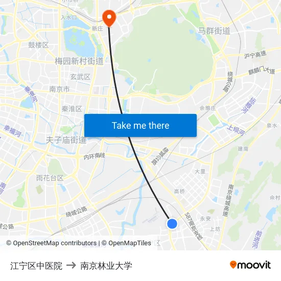 江宁区中医院 to 南京林业大学 map