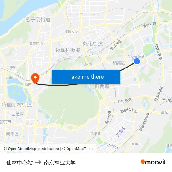 仙林中心站 to 南京林业大学 map