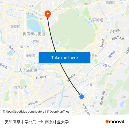 天印高级中学北门 to 南京林业大学 map