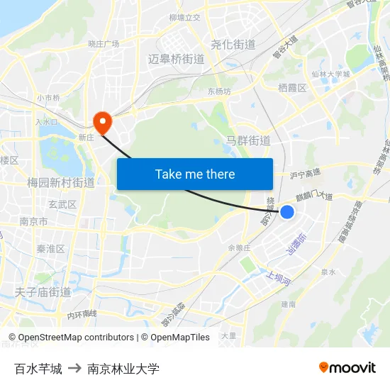 百水芊城 to 南京林业大学 map
