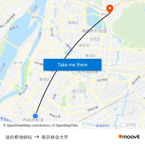 油坊桥地铁站 to 南京林业大学 map