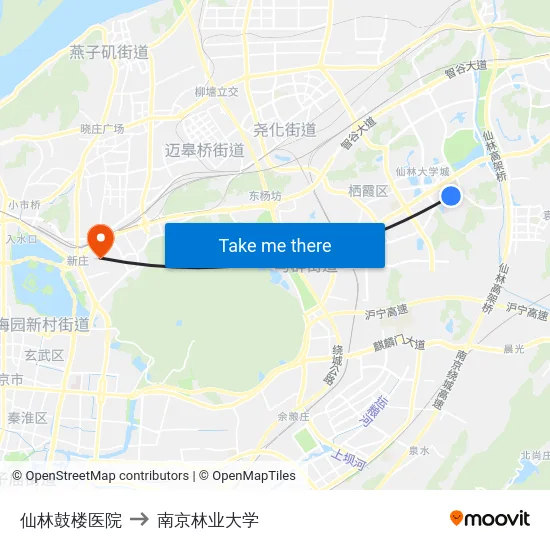 仙林鼓楼医院 to 南京林业大学 map