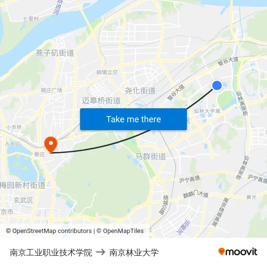 南京工业职业技术学院 to 南京林业大学 map