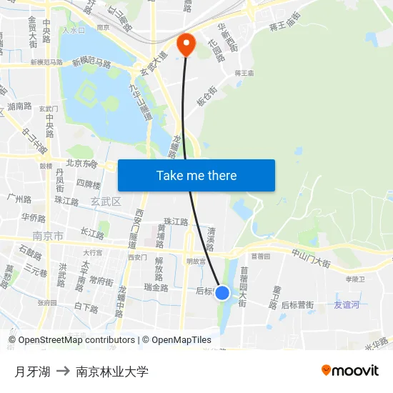 月牙湖 to 南京林业大学 map