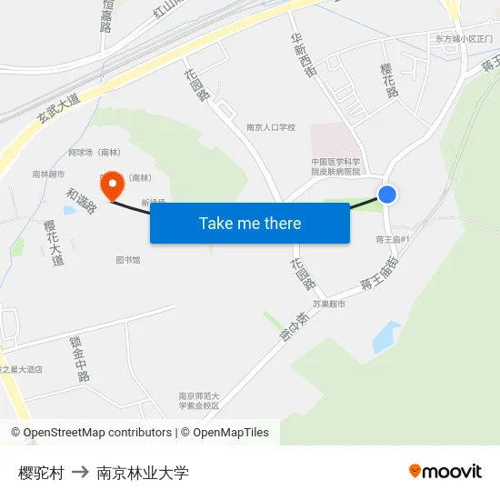 樱驼村 to 南京林业大学 map