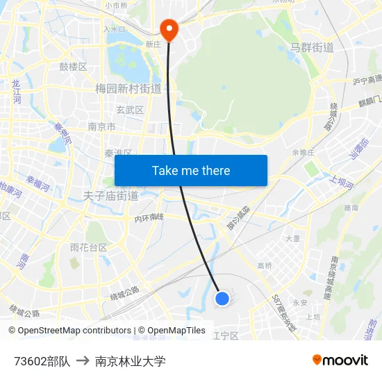 73602部队 to 南京林业大学 map