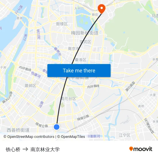 铁心桥 to 南京林业大学 map