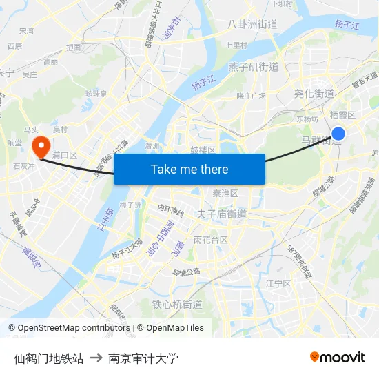 仙鹤门地铁站 to 南京审计大学 map