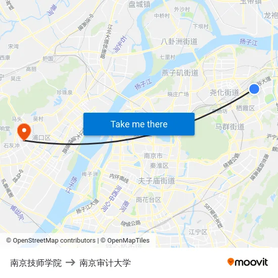 南京技师学院 to 南京审计大学 map