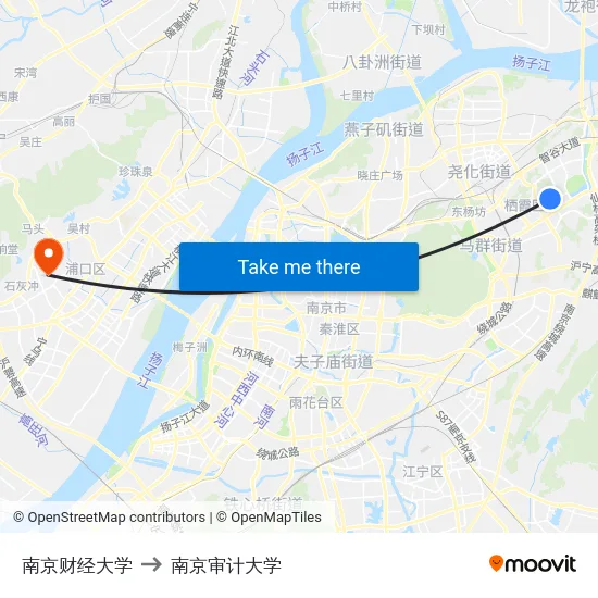 南京财经大学 to 南京审计大学 map