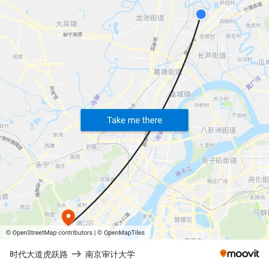 时代大道虎跃路 to 南京审计大学 map