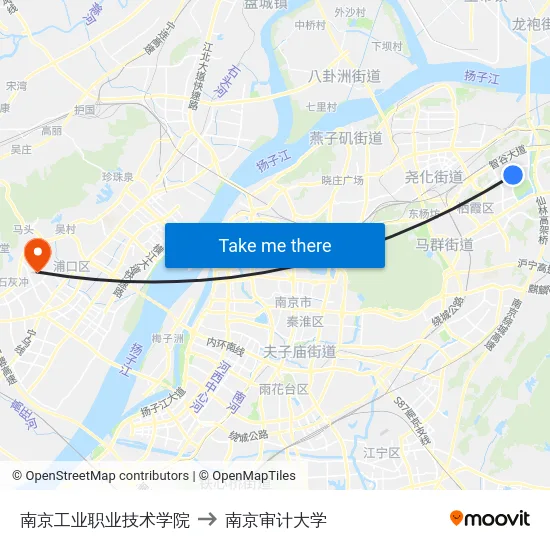 南京工业职业技术学院 to 南京审计大学 map