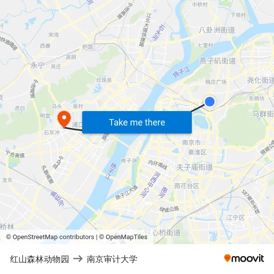红山森林动物园 to 南京审计大学 map