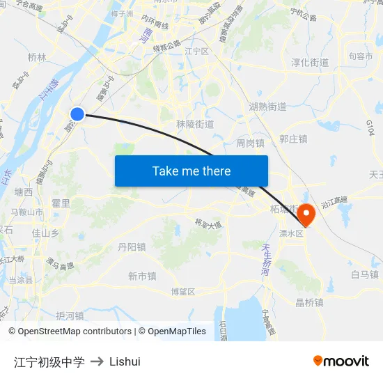 江宁初级中学 to Lishui map