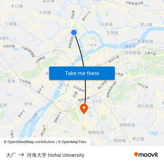 大厂 to 河海大学 Hohai University map