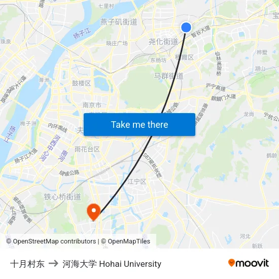 十月村东 to 河海大学 Hohai University map